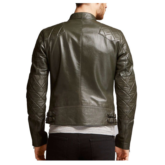 Man in slim fit olive green waxed leather biker jacket with quilted shoulders and front zipper.