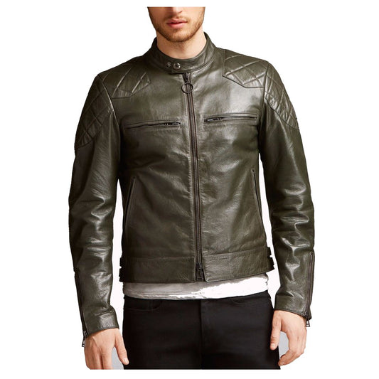 Man in slim fit olive green waxed leather biker jacket with quilted shoulders and front zipper.
