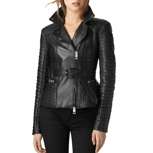 Waist Belt Women Slim Fit Biker Fashion Black Leather Jacket