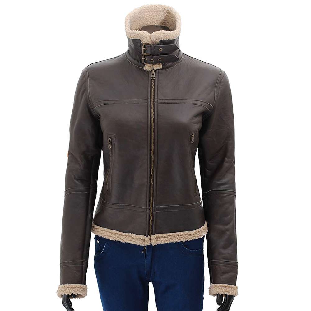 Women Dark Brown Bomber Shearling Leather Jacket - Jacket Hunt