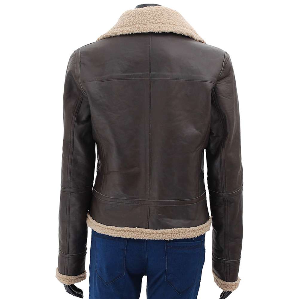 Women Dark Brown Bomber Shearling Leather Jacket - Jacket Hunt