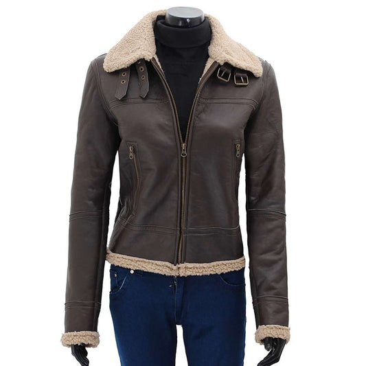 Women Dark Brown Bomber Shearling Leather Jacket - Jacket Hunt