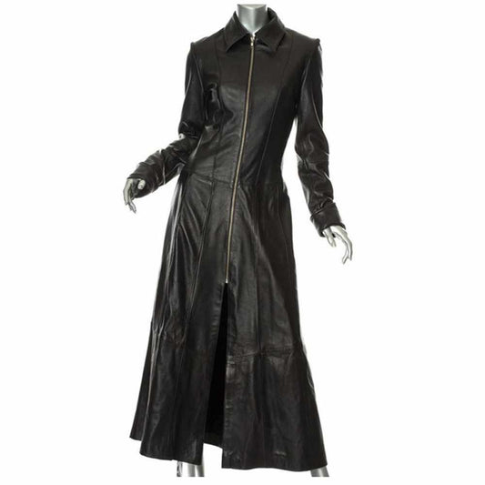 Women Matrix Long Length Genuine Leather Coat | Corset Laces Back