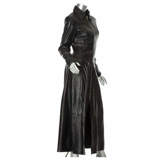 Women Matrix Long Length Genuine Leather Coat | Corset Laces Back