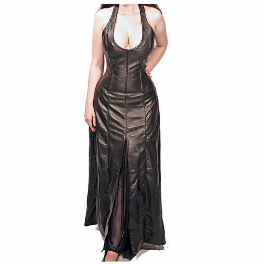 Women Sexy Long Black Leather Cocktail Party Dress - Jacket Hunt