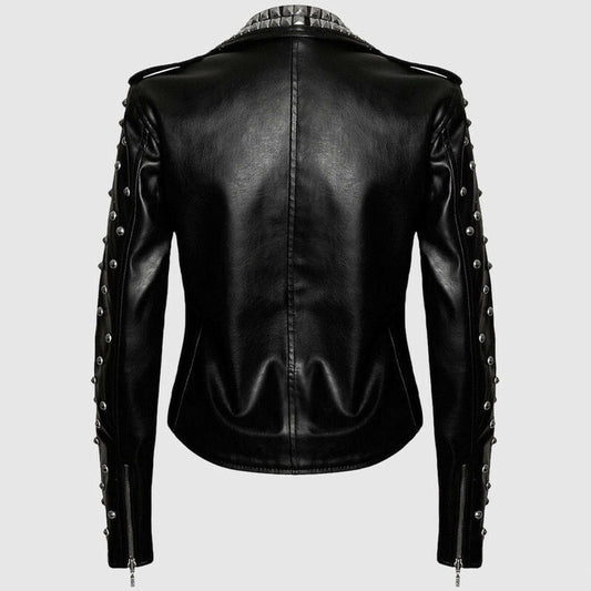 Women's heavy studded black leather biker jacket with heavy silver pyramid and dome studs, Brando style with asymmetrical zipper and belt.
