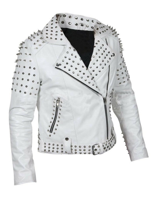 Women's Studded white leather biker jacket with silver conical spikes on shoulders, heavy dome studs, asymmetrical zipper, and waist belt.