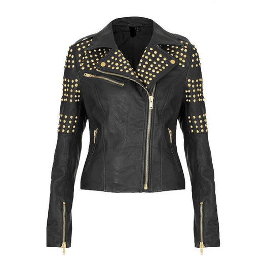 Women's golden studded black leather Brando jacket featuring heavy gold dome studs on lapels, shoulders, and hem with gold zippers.