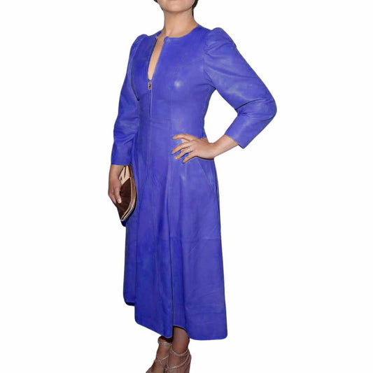 Women Cocktail Party Mini Genuine Leather Dress Blue