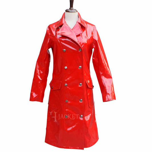 Women Hot Red Vinyl PVC Double Breast Military Coat | Jacket Hunt