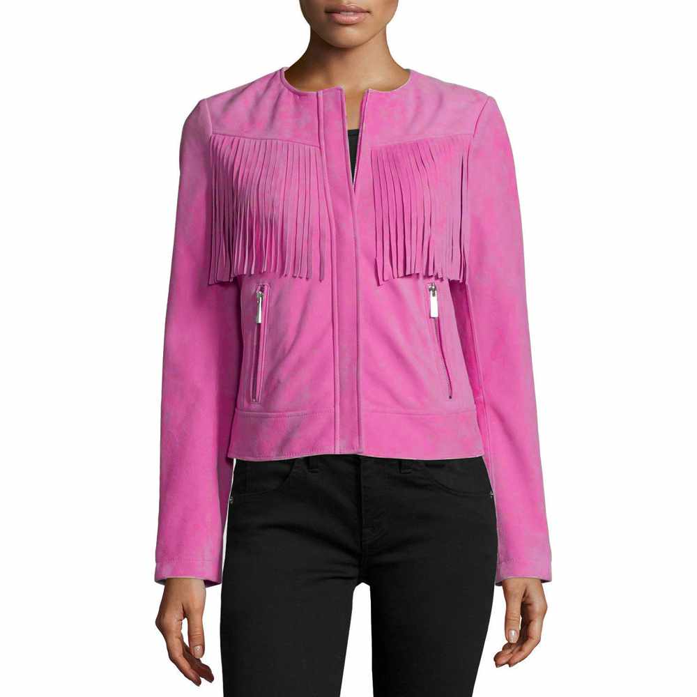 Women Slim Fit Fringe Leather Fashion Jacket Pink
