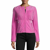 Women Slim Fit Fringe Leather Fashion Jacket Pink