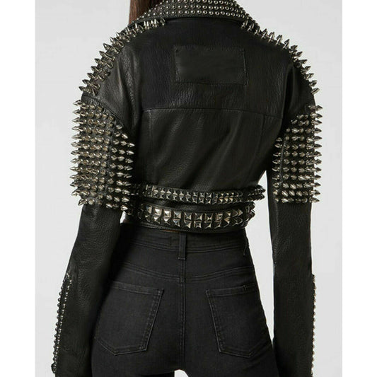 Women’s cropped spiked & studded black leather jacket with silver spikes and studs