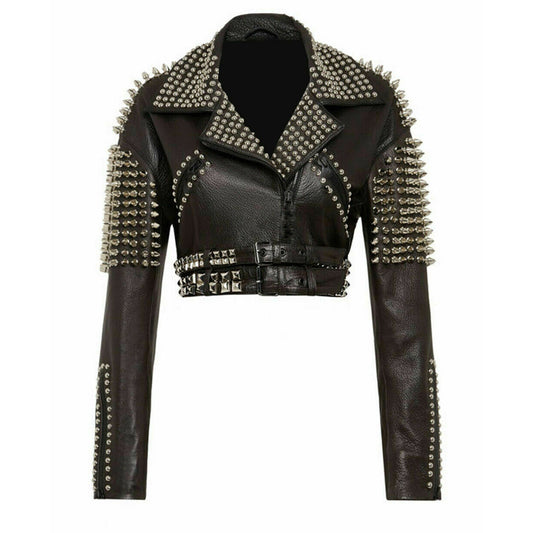 Women’s cropped studded & spiked black leather jacket with silver spikes and studs