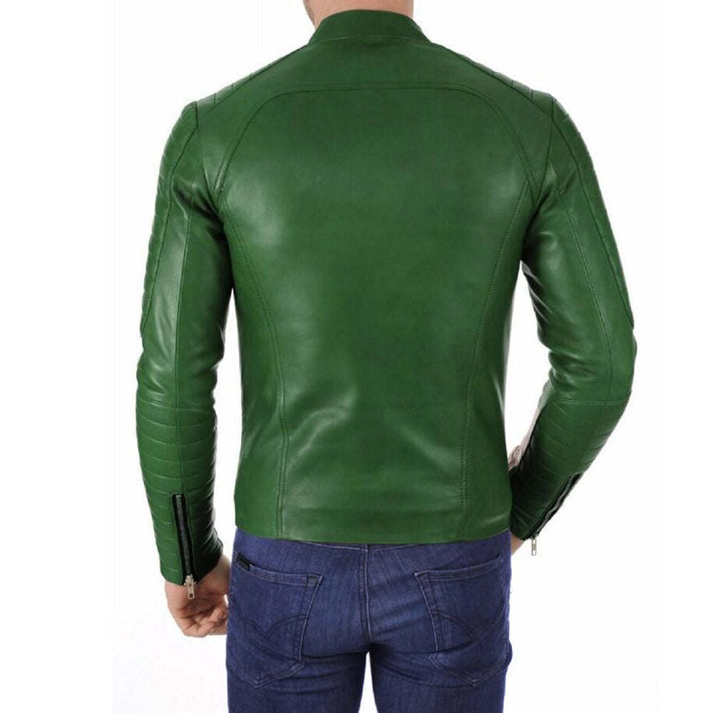 Men's Green Fashion Lambskin Leather Motorcycle Slim Fit Leather Jacket