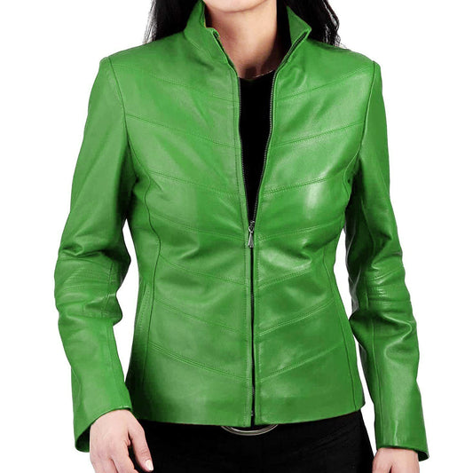 Women's Lambskin Green Leather Jacket Motorcycle Quilted Slim Fit Leather Jacket