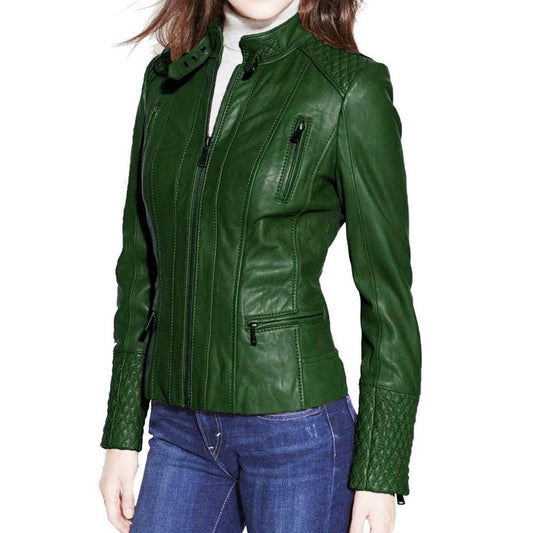 Women's Stylish Slim Fit Biker Green Leather Jacket