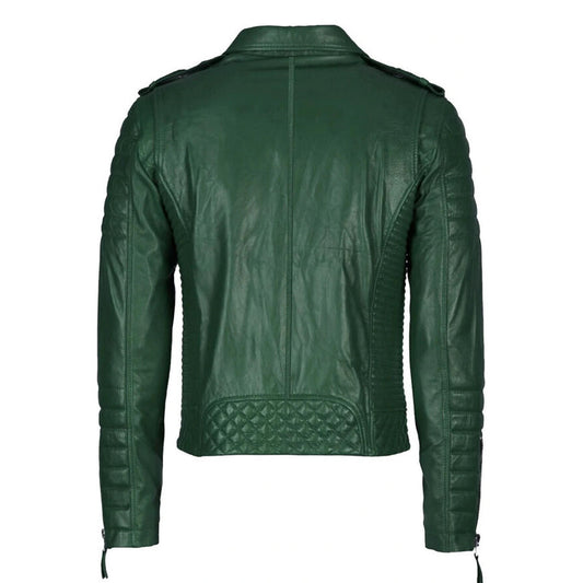 Men Green Leather Jacket | Motorcycle Biker Genuine Lambskin Leather