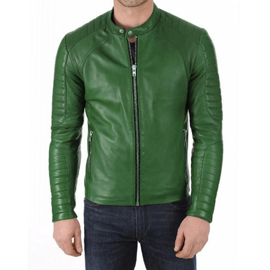 Men's Green Fashion Lambskin Leather Motorcycle Slim Fit Leather Jacket