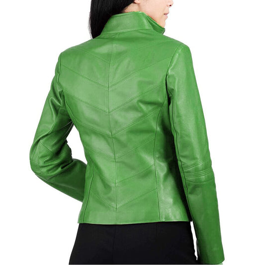 Women's Lambskin Green Leather Jacket Motorcycle Quilted Slim Fit Leather Jacket