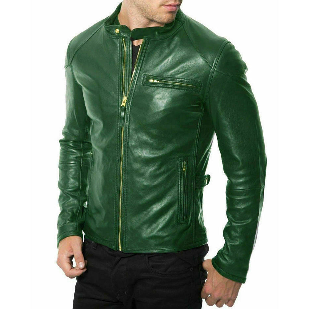 Men Genuine Lambskin Green Leather Jacket | Motorcycle Biker Slim Fit leather Jacket