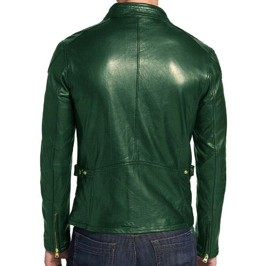 Men Genuine Lambskin Green Leather Jacket | Motorcycle Biker Slim Fit leather Jacket