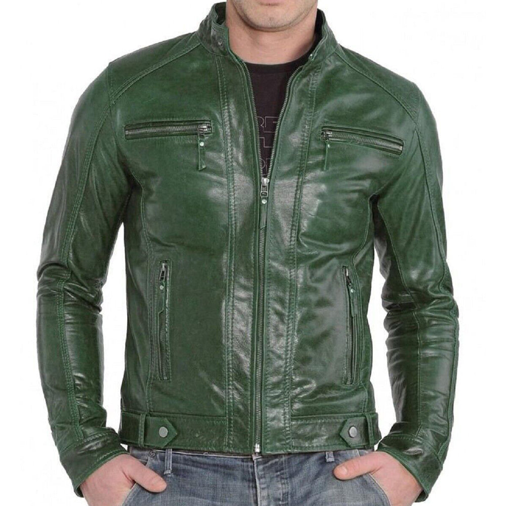 Men's Green Lambskin Leather Jacket | Zipper Up Biker Slim Fit Jacket