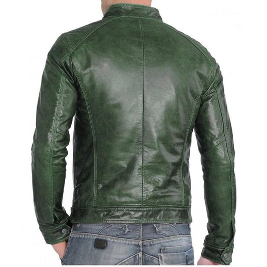 Men's Green Lambskin Leather Jacket | Zipper Up Biker Slim Fit Jacket