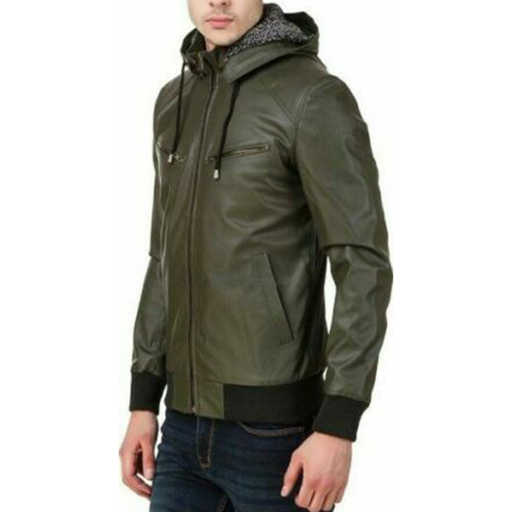 Men's Green Genuine Lambskin Leather Jacket Motorcycle Slim Fit Zipper Jacket