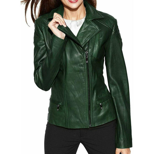 Women's Genuine Lambskin Green Leather Jacket Motorcycle Slim Fit Jacket