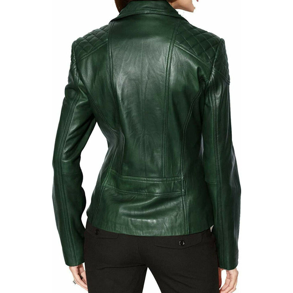 Women's Genuine Lambskin Green Leather Jacket Motorcycle Slim Fit Jacket