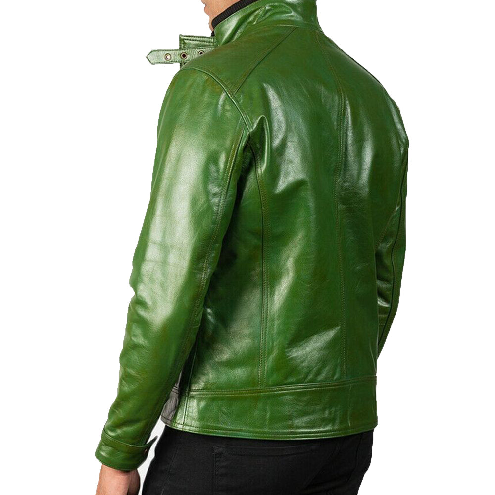 Men's Leather Jacket | Genuine Sheepskin Green Leather Biker Jacket