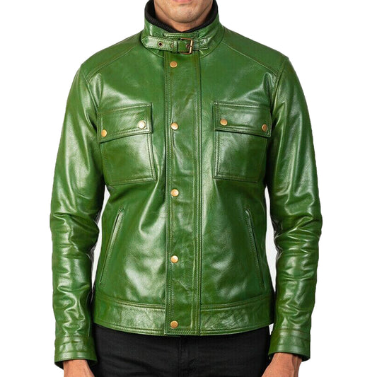 Men's Leather Jacket | Genuine Sheepskin Green Leather Biker Jacket