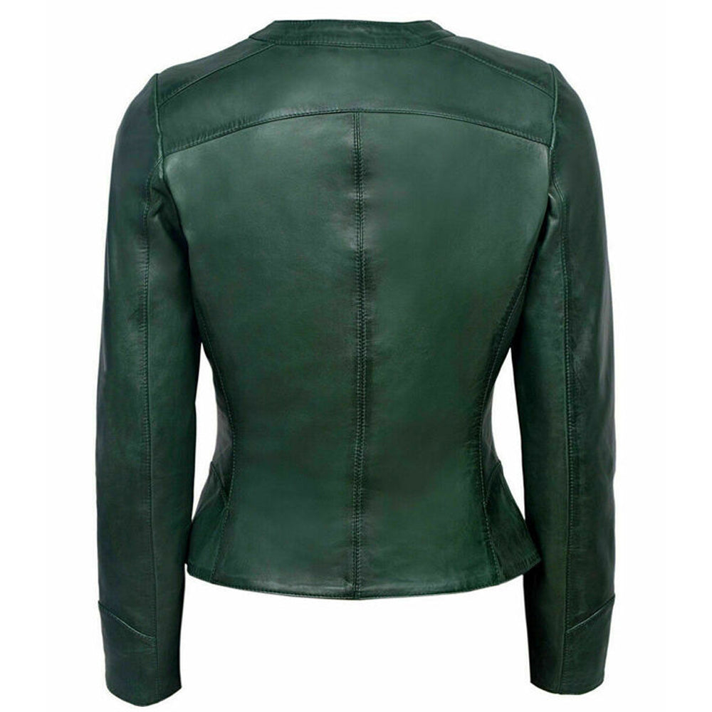 Modern Women Green Genuine Lambskin Real Leather Jacket | Collarless Coat