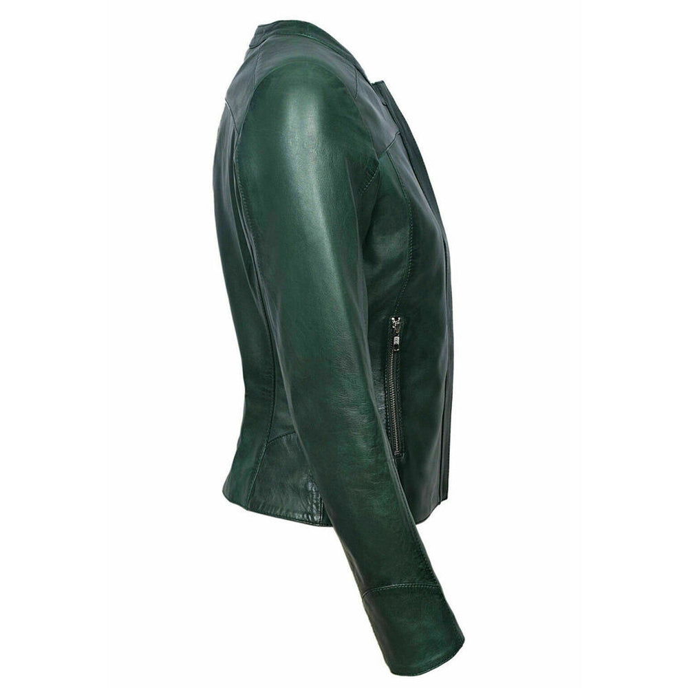 Modern Women Green Genuine Lambskin Real Leather Jacket | Collarless Coat