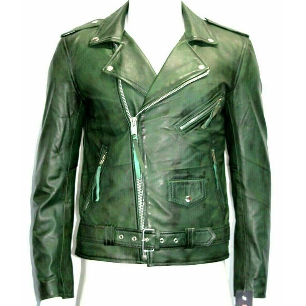 Men’s Casual Shirt Collar Green Leather Jacket | Belted Biker Real Leather Jacket With Spread 