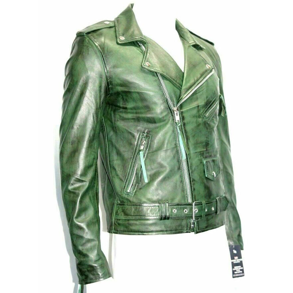 Men’s Casual Shirt Collar Green Leather Jacket | Belted Biker Real Leather Jacket With Spread 