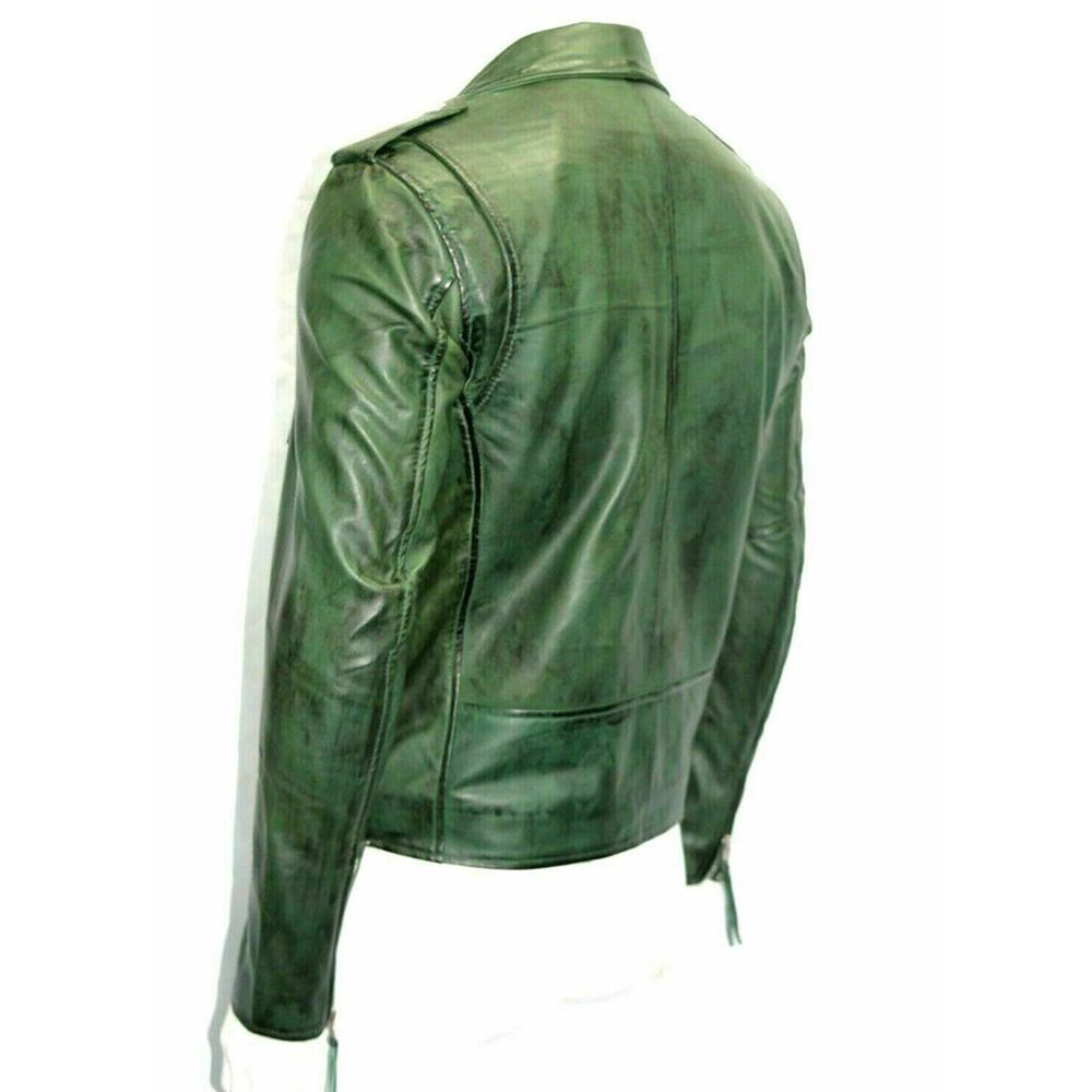 Men’s Casual Shirt Collar Green Leather Jacket | Belted Biker Real Leather Jacket With Spread 