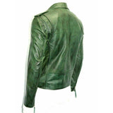 Men’s Casual Shirt Collar Green Leather Jacket | Belted Biker Real Leather Jacket With Spread 