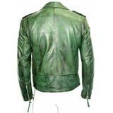 Men’s Casual Shirt Collar Green Leather Jacket | Belted Biker Real Leather Jacket With Spread 