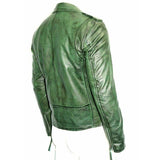 Men’s Casual Shirt Collar Green Leather Jacket | Belted Biker Real Leather Jacket With Spread 