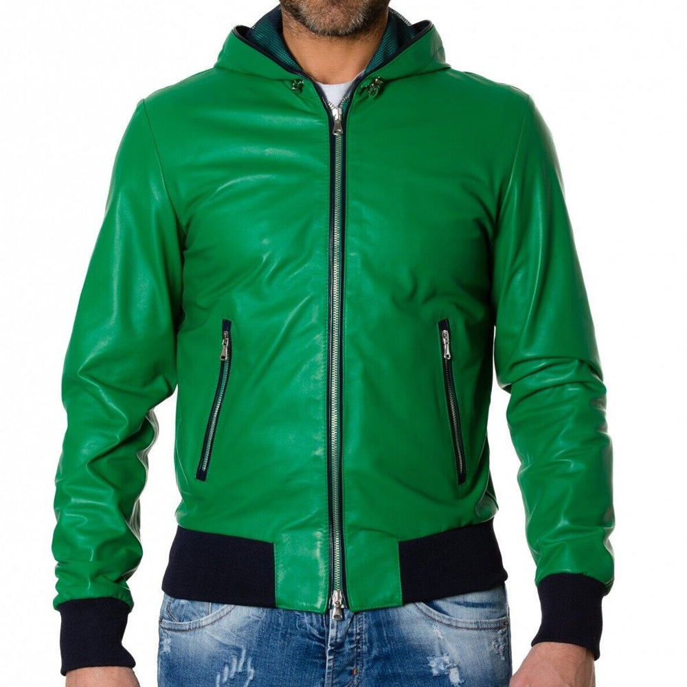 Green Leather Motorcycle Jacket Mens | Green Leather Slim Fit Jacket