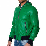 Green Leather Motorcycle Jacket Mens | Green Leather Slim Fit Jacket