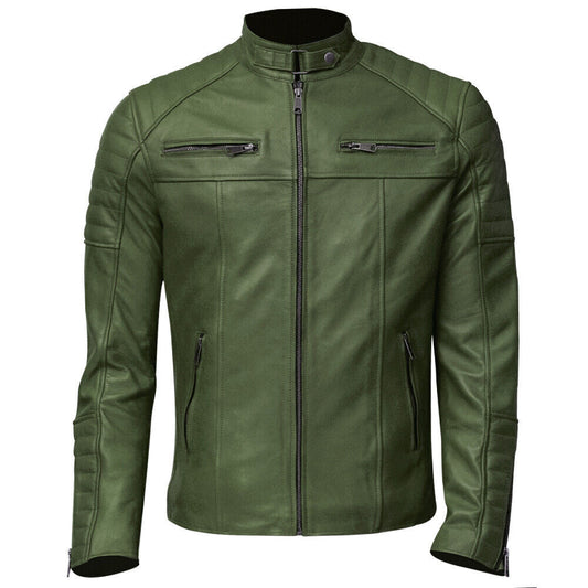 Men’s Club Retro Green Leather Jacket | Men's Stand Collar Leather Jacket