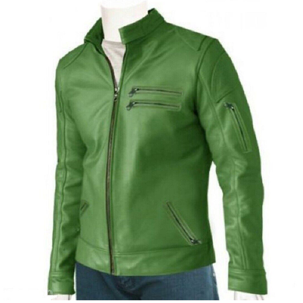 Men's Trendy Green Leather Stylish Jacket | Motorcycle Bomber Green Real Leather Jacket