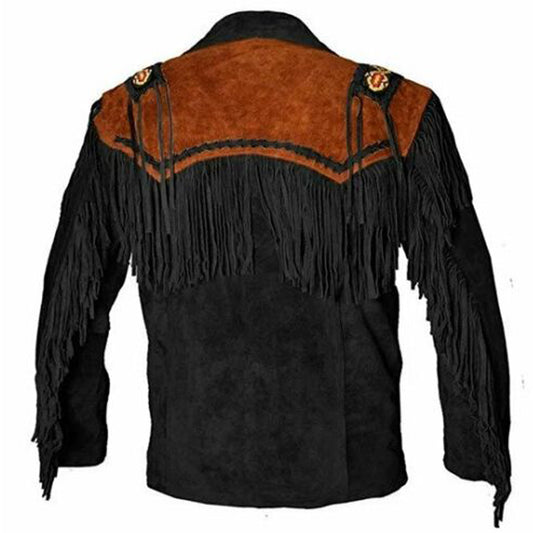 Black Brown Western Fringe Leather Jacket