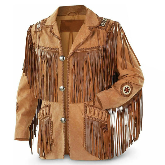 Tan Brown Cowboy Western Leather Fringes Jacket Mens