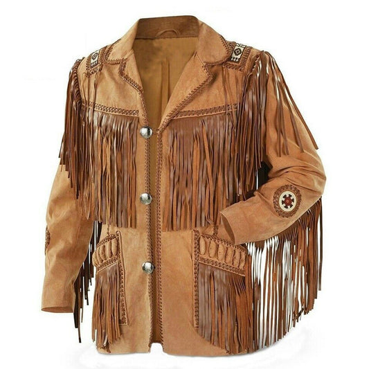 Tan Brown Cowboy Western Leather Fringes Jacket Mens