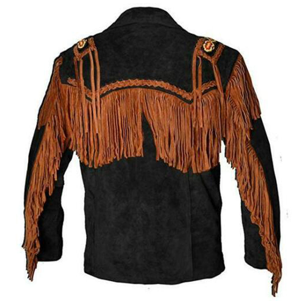 Unisex Western Fringe Black Leather Jacket