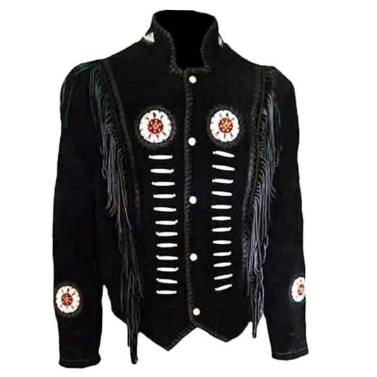 Western Black Leather Bones/Beads Jacket